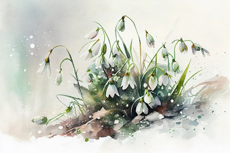 snowdrops in the forest in the snow watercolor painting , Generative AIの素材