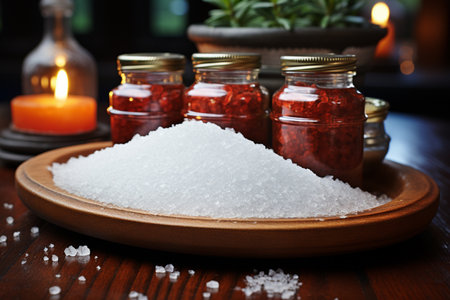 salt in a wooden bowl and spices nearby, Generative AIの素材