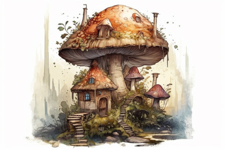 Watercolor drawing of a mushroom house with a red roof and a mushroom house on top. , watercolor style, Generative AIの素材