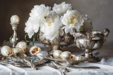 exquisite still life with silverware and white peonies, watercolor painting, Generative AIの素材