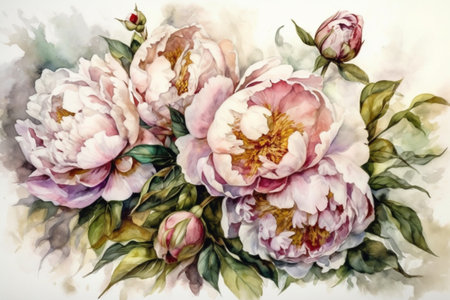 vintage postcard with peonies, watercolor style, Generative AIの素材