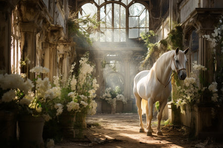 white horse indoors and white flowers nearby, Generative AIの素材