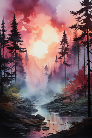 landscape with a small forest river at sunset, Generative AIの素材