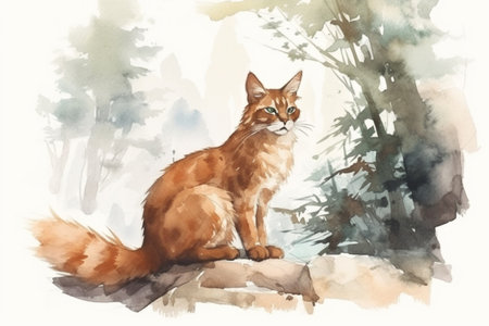 Somali Cat in the forest watercolor style, Generative AIの素材