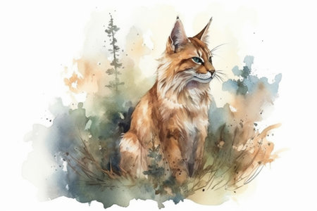 Somali Cat in the forest watercolor style, Generative AIの素材