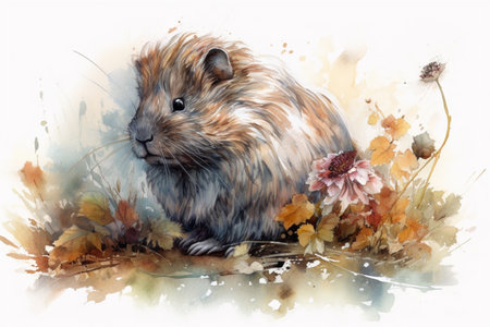 guinea pig among grass and flowers watercolor painting , Generative AIの素材