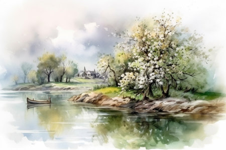 blossoming apple tree on the bank of the river in the early foggy morning, watercolor style, Generative AIの素材