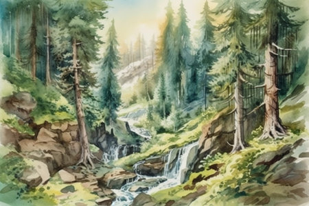 landscape with pine forest and waterfall, stones, watercolor style, Generative AIの素材