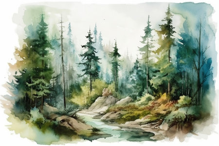landscape with pine trees with rocks and stones, Karelia, watercolor style, Generative AIの素材