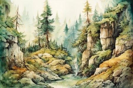landscape with pine trees with rocks and stones, Karelia, watercolor style, Generative AIの素材