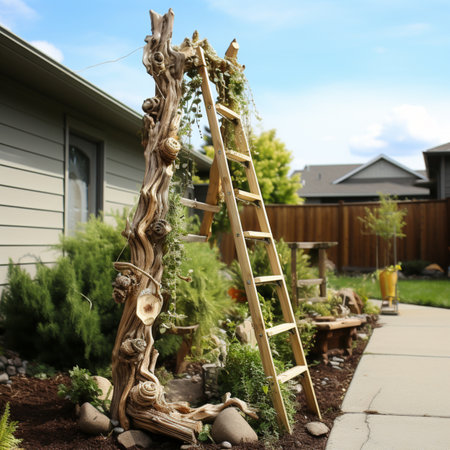 homemade wooden staircase in the garden near the house, Generative AIの素材