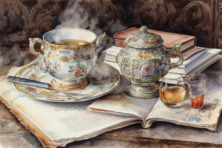 books, cup of morning tea, still life, watercolor style, Generative AIの素材