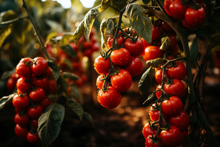 tasty red tomatoes on the bushes, Generative AIの素材