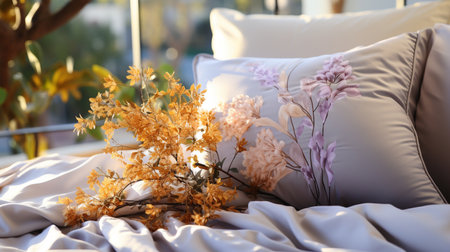 Close-up of a new bed comforter with decorative pillows., Generative AIの素材