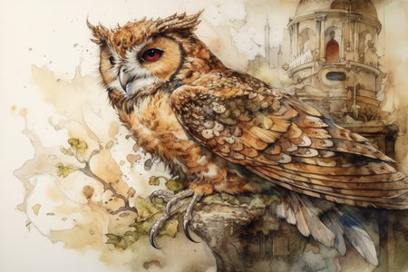 owl, retro style, watercolor Generative AIの素材