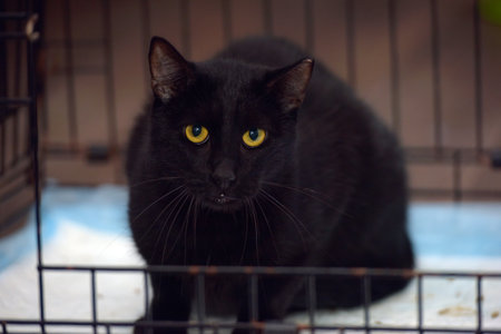 black cat in a cage at the shelterの写真素材