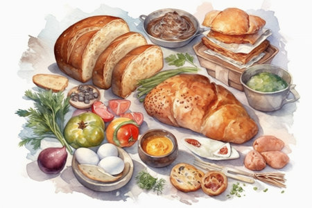 bread, vegetables, boiled eggs - breakfast, watercolor Generative AIの素材