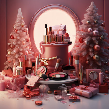 Christmas tree and a lot of cosmetics, pink tones Generative AIの素材