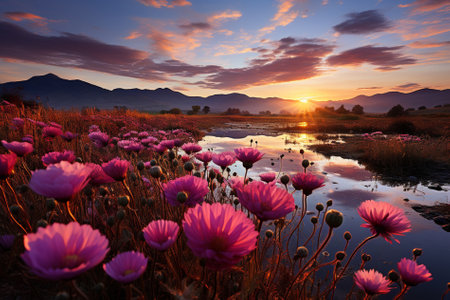 blooming meadow and mountains on the horizon Generative AIの素材