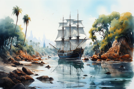 sailing ship off the tropical coast, watercolor Generative AIの素材