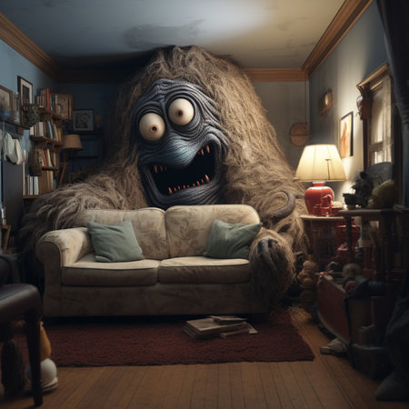 monster hiding in the room behind the sofa, funny picture, Generative AIの素材