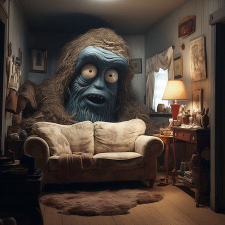 monster hiding in the room behind the sofa, funny picture, Generative AIの素材