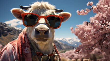 cow in sunglasses against the backdrop of a mountain landscape. Generative AIの素材
