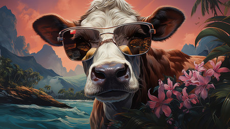 cow in sunglasses against the backdrop of a mountain landscape. Generative AIの素材