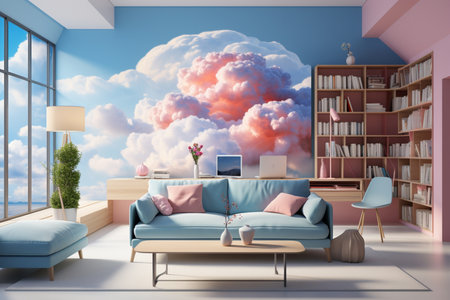 futuristic hyperrealistic heaven-themed office room, sky blue mood, cloud papier peint deco. Generative AIの素材