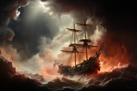 vintage sailboat in a storm at sunset Generative AIの素材