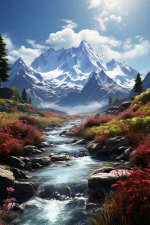 beautiful scene in nature, vibrant colors, flowers, streams, snow capped mountains, tall grand red woods, verdent meadow, U., Generative AIの素材
