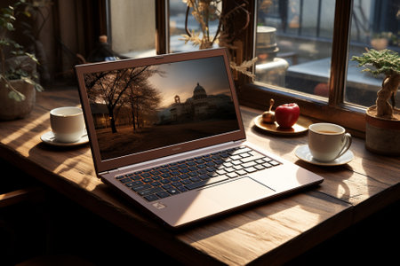 laptop and cup of coffee on the table, Generative AIの素材
