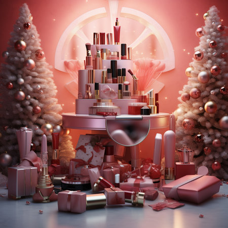 Christmas tree and a lot of cosmetics, pink tones Generative AIの素材