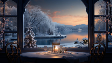 candles in front of a panoramic window with a winter snowy landscape behind it, Christmas and New Year concept Generative AIの素材