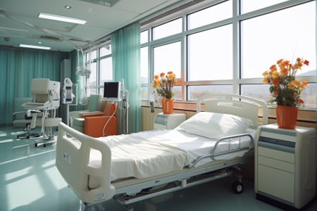 Hospital recovery room with beds in light colors Generative AIの素材