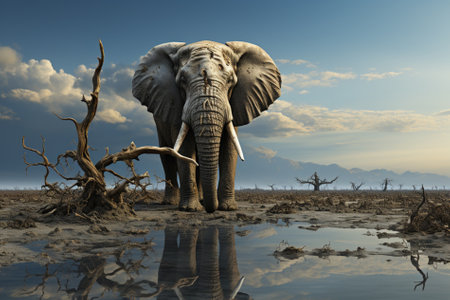 An elephant stands next to a withered tree in a surreal landscape Generative AIの素材