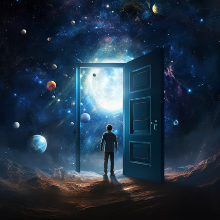 a man stands in front of the door to space Generative AIの素材