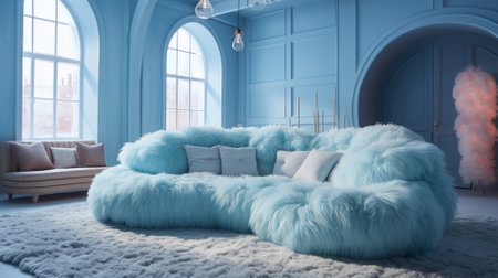 living room with blue fur sofa and other fur furniture Generative AIの素材