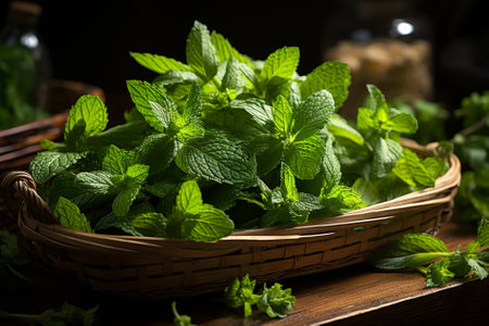 Mint in small basket on natural wooden background, peppermint, Generative AIの素材