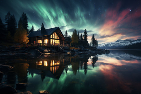 lake house and northern lights Generative AIの素材