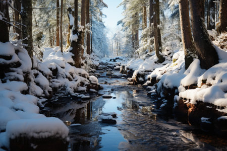 Water flowing in a small creek in a forest Generative AIの素材