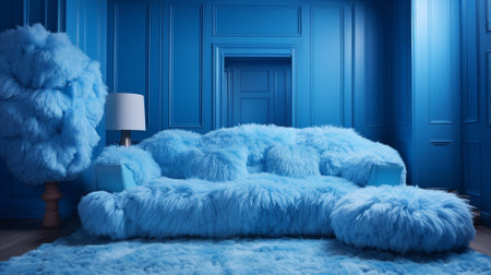 living room with blue fur sofa and other fur furniture Generative AIの素材