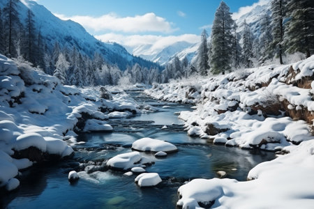 Christmas tale on nature. covered with white clean fresh snow mountain river. Generative AIの素材