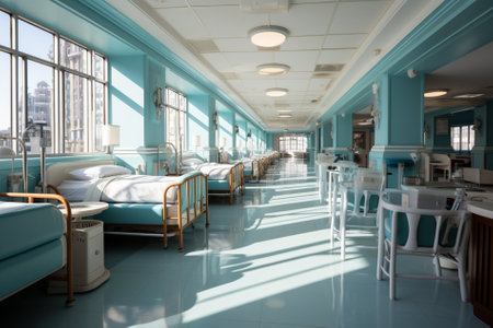 municipal hospital, large ward with beds, Generative AIの素材