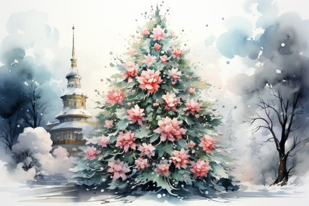 Christmas tree decorated with flowers, watercolor, Generative AIの素材