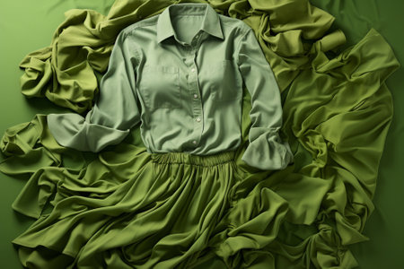 a green blouse with a skirt lies on a green background, Generative AIの素材
