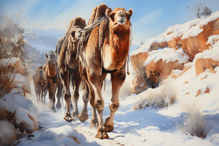 a caravan of camels walks among the snow, Generative AIの素材