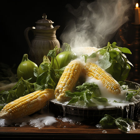 hot boiled corn and steam, Generative AIの素材