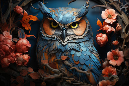 Owl and red flowers, Generative AIの素材