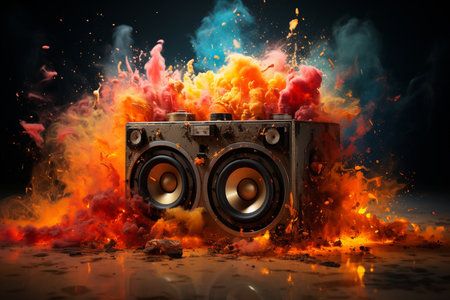 music and splashes of paint from the speakers, sound, Generative AIの素材